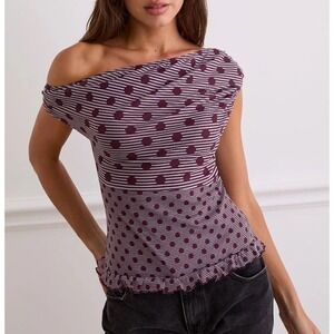 Motel One Shoulder Stripe Dot Ruffle  Top M y2k whimsi boho dainty romantic plum